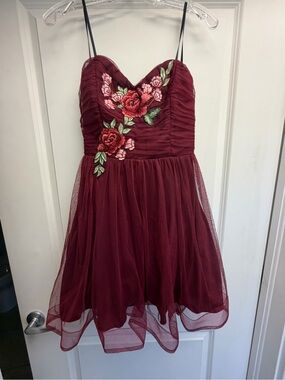 B Darlin Burgundy Floral Appliqué Tulle Dress